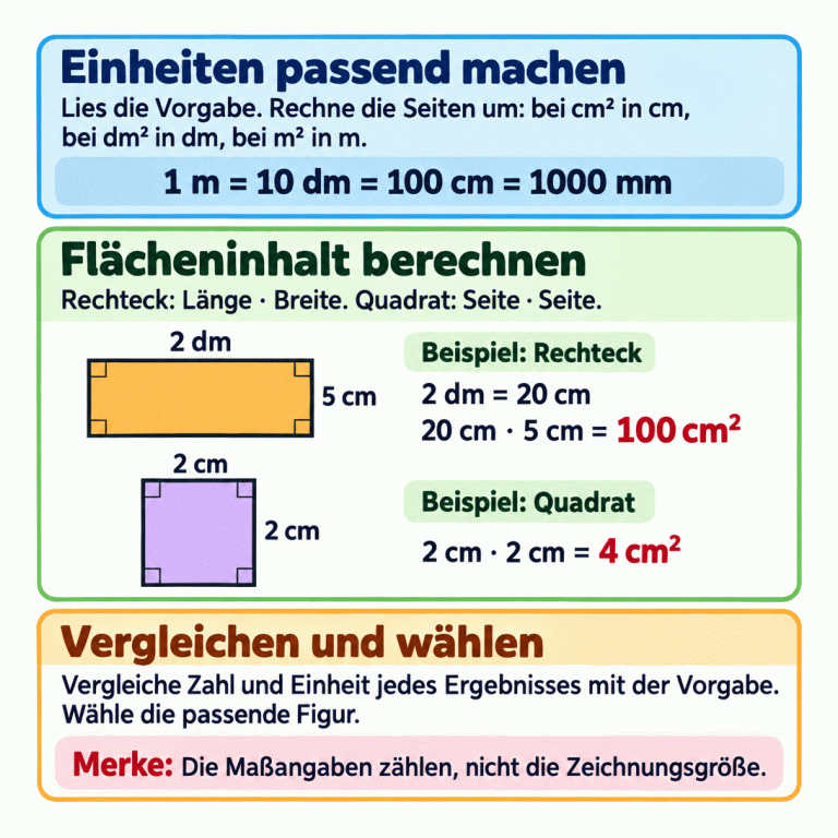 Lernkarte zum Finden eines passenden Flächeninhalts: Zuerst die Seitenlängen in die zur Vorgabe passende Einheit umrechnen. Ein Meter entspricht zehn Dezimetern, hundert Zentimetern oder tausend Millimetern. Beim Rechteck Länge mal Breite rechnen: Im Beispiel werden 2 dm zu 20 cm; 20 cm mal 5 cm ergeben 100 cm². Beim Quadrat die Seitenlänge mit sich selbst multiplizieren: 2 cm mal 2 cm ergeben 4 cm². Anschließend Zahl und Einheit jedes Ergebnisses mit der Vorgabe vergleichen und die passende Figur wählen. Entscheidend sind die Maßangaben, nicht die Zeichnungsgröße. Einheiten passend machen: Lies die Vorgabe. Rechne die Seiten um: bei cm² in cm, bei dm² in dm, bei m² in m. Flächeninhalt berechnen: Rechteck: Länge · Breite. Quadrat: Seite · Seite. Vergleichen und wählen: Vergleiche Zahl und Einheit jedes Ergebnisses mit der Vorgabe. Wähle die passende Figur. Die Maßangaben zählen, nicht die Zeichnungsgröße. 1 m = 10 dm = 100 cm = 1000 mm Beispiel: Rechteck 2 dm 5 cm 2 dm = 20 cm 20 cm · 5 cm = 100 cm² Beispiel: Quadrat 2 cm 2 cm · 2 cm = 4 cm² Merke: