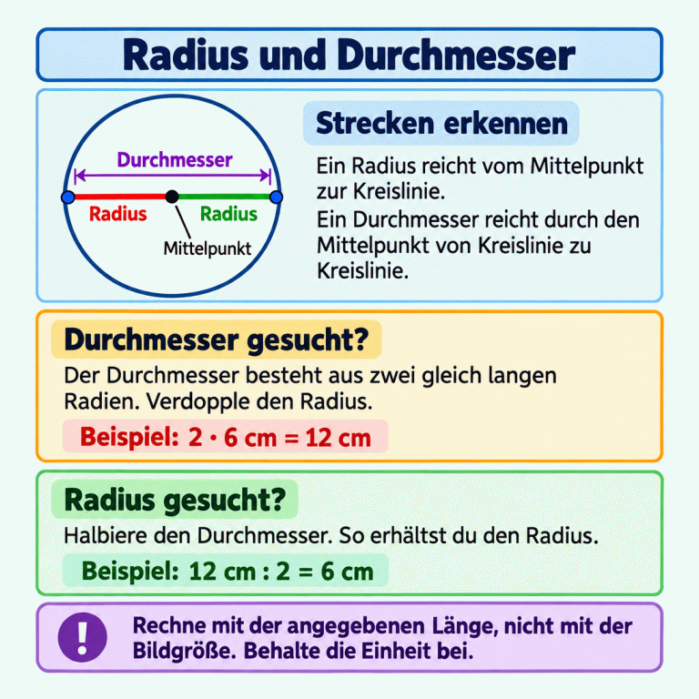 Ein Kreis zeigt einen Durchmesser durch den markierten Mittelpunkt. Seine beiden gleich langen Hälften sind Radien. Ein Radius reicht vom Mittelpunkt zur Kreislinie, der Durchmesser von Kreislinie zu Kreislinie. Für den Durchmesser wird die Radiuslänge verdoppelt: Im Beispiel ergeben zweimal 6 cm einen Durchmesser von 12 cm. Für den Radius wird die Durchmesserlänge halbiert: 12 cm geteilt durch zwei ergeben 6 cm. Gerechnet wird mit der angegebenen Länge, nicht mit der Bildgröße. Die Einheit bleibt gleich. Radius und Durchmesser Strecken erkennen: Ein Radius reicht vom Mittelpunkt zur Kreislinie. Ein Durchmesser reicht durch den Mittelpunkt von Kreislinie zu Kreislinie. Durchmesser gesucht?: Der Durchmesser besteht aus zwei gleich langen Radien. Verdopple den Radius. Radius gesucht?: Halbiere den Durchmesser. So erhältst du den Radius. Rechne mit der angegebenen Länge, nicht mit der Bildgröße. Behalte die Einheit bei. Radius Durchmesser Mittelpunkt Beispiel: 2 · 6 cm = 12 cm Beispiel: 12 cm : 2 = 6 cm !