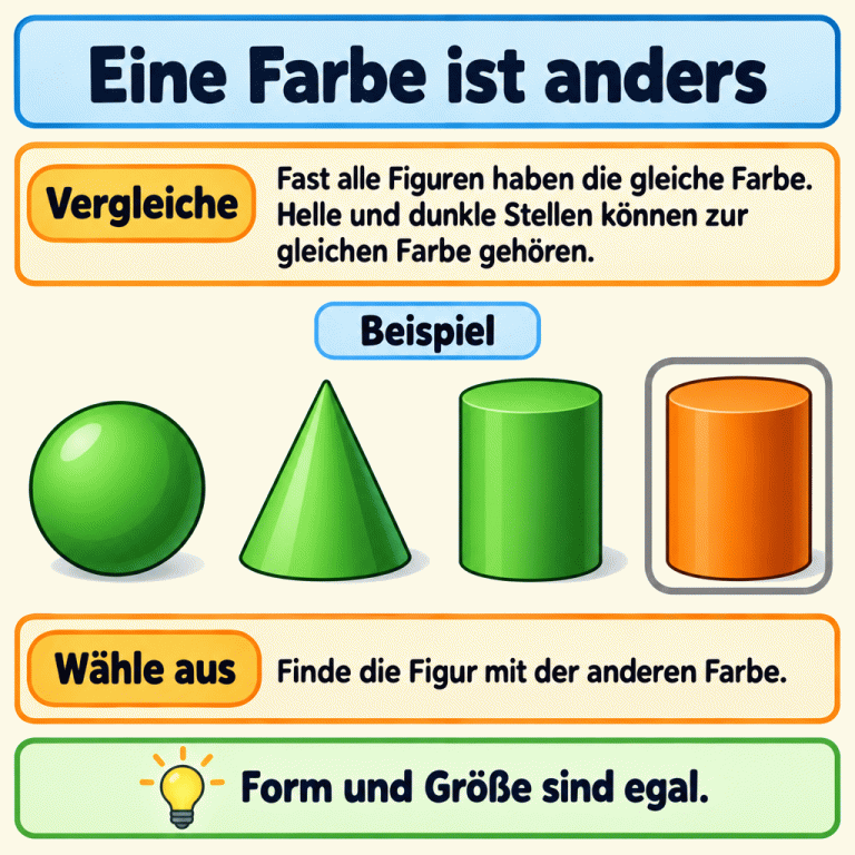 Ein Beispiel zeigt eine grüne Kugel, einen grünen Kegel, einen grünen Zylinder und einen orangefarbenen Zylinder. Die grünen Körper haben helle und dunkle Stellen, gehören aber zur gleichen Farbe. Der orangefarbene Zylinder ist hervorgehoben: Seine Farbe ist anders. Form und Größe sind für die Auswahl egal. Eine Farbe ist anders Vergleiche: Fast alle Figuren haben die gleiche Farbe. Helle und dunkle Stellen können zur gleichen Farbe gehören. Wähle aus: Finde die Figur mit der anderen Farbe. Form und Größe sind egal. Beispiel