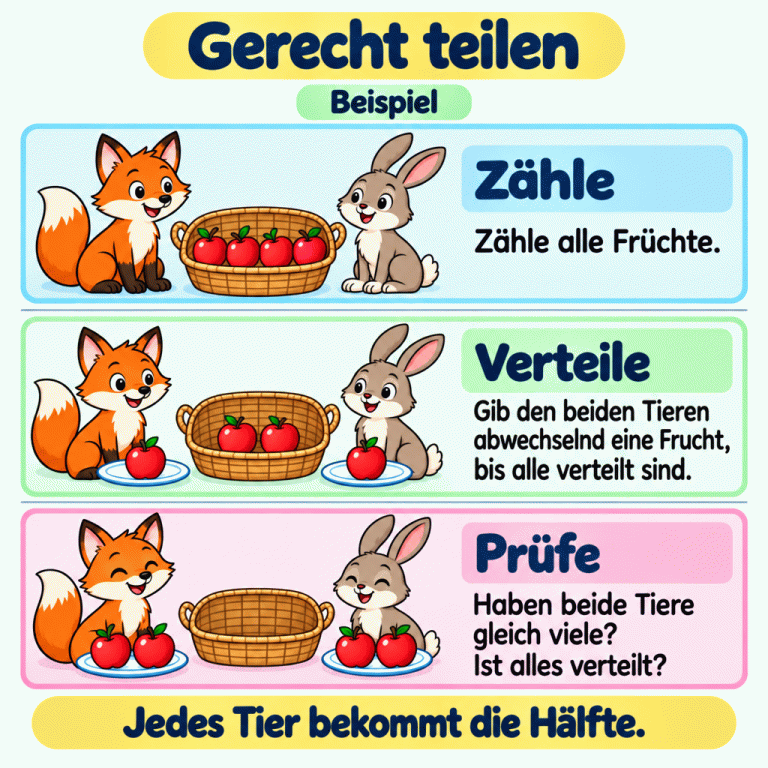 Gerecht teilen. Ein Beispiel zeigt vier Äpfel für einen Fuchs und einen Hasen. Zuerst liegen alle vier Äpfel im Vorratskorb. Dann hat jedes Tier einen Apfel bekommen, und zwei liegen noch im Korb. Zum Schluss hat jedes Tier zwei Äpfel, und der Korb ist leer. Beide haben gleich viele: Jedes Tier bekommt die Hälfte. Gerecht teilen Zähle: Zähle alle Früchte. Verteile: Gib den beiden Tieren abwechselnd eine Frucht, bis alle verteilt sind. Prüfe: Haben beide Tiere gleich viele? Ist alles verteilt? Jedes Tier bekommt die Hälfte. Beispiel