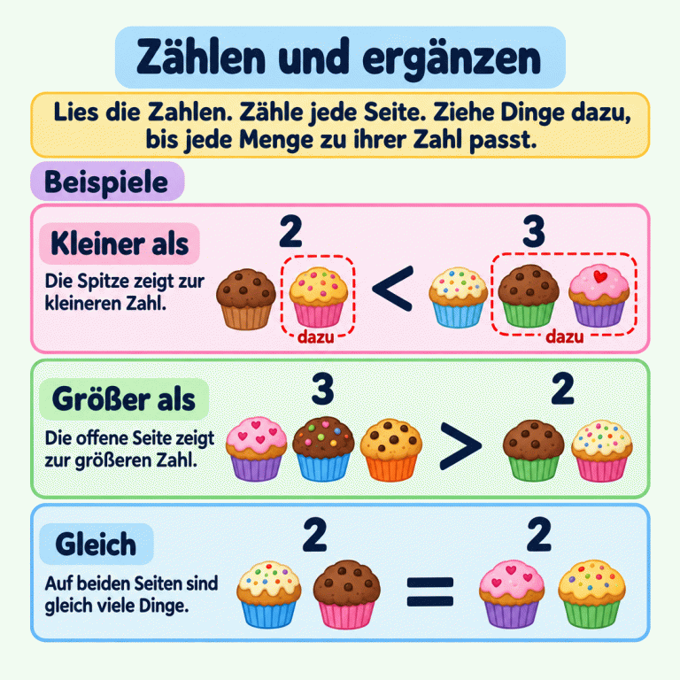 Zählen und ergänzen: Lies die Zahlen, zähle jede Seite und ergänze die fehlenden Dinge. Drei Beispiele mit Muffins zeigen die Zeichen. Bei zwei kleiner als drei wird links ein Muffin zu einem vorhandenen ergänzt, rechts kommen zwei zu einem vorhandenen dazu. Bei drei größer als zwei zeigt die offene Seite zur größeren Zahl. Bei zwei gleich zwei liegen auf beiden Seiten gleich viele Muffins. Zählen und ergänzen Kleiner als: Die Spitze zeigt zur kleineren Zahl. Größer als: Die offene Seite zeigt zur größeren Zahl. Gleich: Auf beiden Seiten sind gleich viele Dinge. Lies die Zahlen. Zähle jede Seite. Ziehe Dinge dazu, bis jede Menge zu ihrer Zahl passt. Beispiele 2 3 < > = dazu