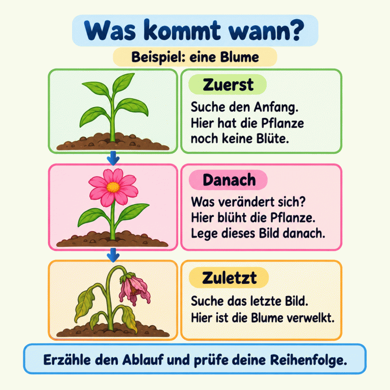 Eine Beispielreihe zeigt eine junge Pflanze ohne Blüte, danach eine blühende Pflanze und zuletzt eine verwelkte Blume. Die Anleitung erklärt: den Anfang finden, auf Veränderungen achten, das passende nächste Bild anlegen und das letzte Bild bestimmen. Zum Prüfen wird der Ablauf erzählt. Was kommt wann? Zuerst: Suche den Anfang. Hier hat die Pflanze noch keine Blüte. Danach: Was verändert sich? Hier blüht die Pflanze. Lege dieses Bild danach. Zuletzt: Suche das letzte Bild. Hier ist die Blume verwelkt. Erzähle den Ablauf und prüfe deine Reihenfolge. Beispiel: eine Blume
