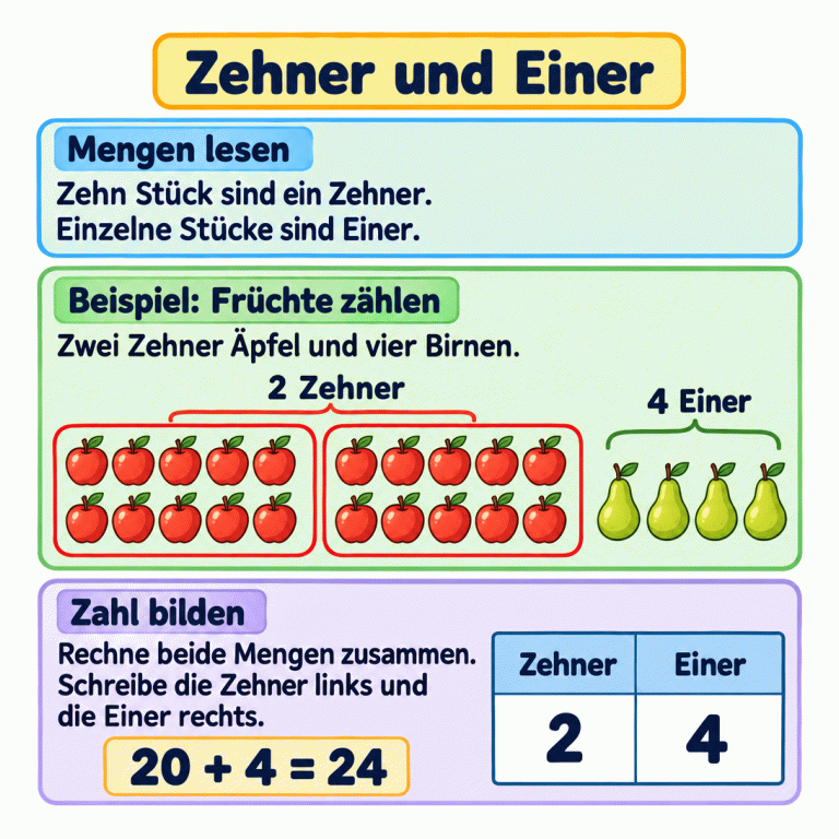 Beispiel zum Rechnen mit Zehnern und Einern: Zwei Gruppen mit je zehn Äpfeln bilden zwei Zehner. Dazu kommen vier einzelne Birnen. Die Rechnung lautet 20 + 4 = 24. In der Stellenwerttafel steht links bei den Zehnern die 2 und rechts bei den Einern die 4. Zehner und Einer Mengen lesen: Zehn Stück sind ein Zehner. Einzelne Stücke sind Einer. Beispiel: Früchte zählen: Zwei Zehner Äpfel und vier Birnen. Zahl bilden: Rechne beide Mengen zusammen. Schreibe die Zehner links und die Einer rechts. 2 Zehner 4 Einer 20 + 4 = 24 Zehner Einer 2 4