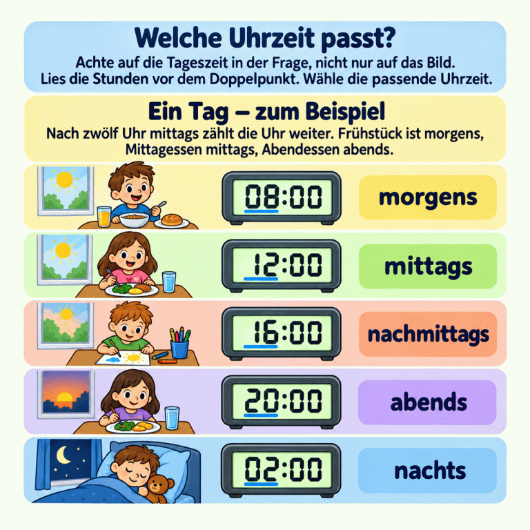 Die Karte erklärt: Achte auf die Tageszeit in der Frage und lies die Stunden vor dem Doppelpunkt. Nach zwölf Uhr mittags zählt die digitale Uhr weiter. Fünf Beispiele zeigen einen Tagesablauf: morgens um 08:00 Uhr frühstücken, mittags um 12:00 Uhr Mittag essen, nachmittags um 16:00 Uhr malen, abends um 20:00 Uhr Abend essen und nachts um 02:00 Uhr schlafen. Das sind Beispiele, keine festen Zeiten für alle Kinder. Welche Uhrzeit passt?: Achte auf die Tageszeit in der Frage, nicht nur auf das Bild. Lies die Stunden vor dem Doppelpunkt. Wähle die passende Uhrzeit. Ein Tag – zum Beispiel: Nach zwölf Uhr mittags zählt die Uhr weiter. Frühstück ist morgens, Mittagessen mittags, Abendessen abends. 08:00 morgens 12:00 mittags 16:00 nachmittags 20:00 abends 02:00 nachts