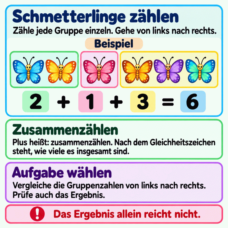 Zähle jede Schmetterlingsgruppe einzeln von links nach rechts. Das Lehrbeispiel zeigt zwei, einen und drei Schmetterlinge. Darunter steht 2 + 1 + 3 = 6. Plus bedeutet zusammenzählen; nach dem Gleichheitszeichen steht die Gesamtzahl. Wähle die Aufgabe, deren Gruppenzahlen in derselben Reihenfolge zum Bild passen, und prüfe das Ergebnis. Das Ergebnis allein reicht nicht. Schmetterlinge zählen: Zähle jede Gruppe einzeln. Gehe von links nach rechts. Zusammenzählen: Plus heißt: zusammenzählen. Nach dem Gleichheitszeichen steht, wie viele es insgesamt sind. Aufgabe wählen: Vergleiche die Gruppenzahlen von links nach rechts. Prüfe auch das Ergebnis. Das Ergebnis allein reicht nicht. Beispiel 2 1 3 + = 6 !