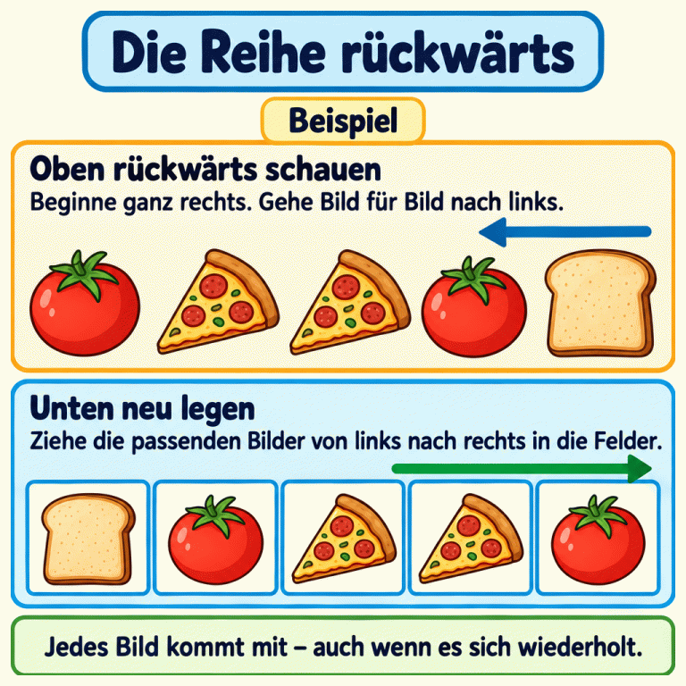 Eine kurze Beispielreihe zeigt oben von links nach rechts eine Tomate, zwei Pizzastücke, eine Tomate und eine Toastscheibe. Diese Reihe wird von rechts nach links angeschaut. Darunter liegt die umgekehrte Reihe: Toastscheibe, Tomate, Pizzastück, Pizzastück, Tomate. Die unteren Felder werden von links nach rechts gefüllt. Jedes Bild wird übernommen, auch wenn es mehrmals vorkommt. Die Reihe rückwärts Oben rückwärts schauen: Beginne ganz rechts. Gehe Bild für Bild nach links. Unten neu legen: Ziehe die passenden Bilder von links nach rechts in die Felder. Jedes Bild kommt mit – auch wenn es sich wiederholt. Beispiel