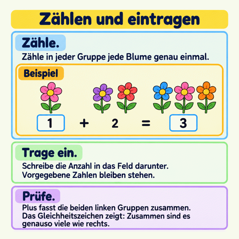 Ein gekennzeichnetes Beispiel zeigt eine Blume und zwei Blumen sowie rechts drei Blumen als Gesamtmenge. Darunter steht 1 + 2 = 3. Die 1 und die 3 sind in Zahlenfelder eingetragen; die 2 ist vorgegeben. Die Anleitung erklärt: Jede Gruppe zählen, fehlende Zahlen eintragen und prüfen, ob die beiden linken Gruppen zusammen genauso viele Blumen enthalten wie die rechte. Zählen und eintragen Zähle.: Zähle in jeder Gruppe jede Blume genau einmal. Trage ein.: Schreibe die Anzahl in das Feld darunter. Vorgegebene Zahlen bleiben stehen. Prüfe.: Plus fasst die beiden linken Gruppen zusammen. Das Gleichheitszeichen zeigt: Zusammen sind es genauso viele wie rechts. Beispiel 1 + 2 = 3
