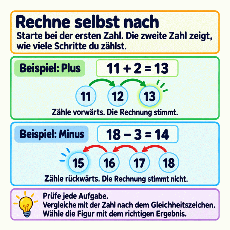 Zwei Beispiele zeigen, wie du nachrechnest. Bei 11 plus 2 zählst du zwei Schritte vorwärts und kommst auf 13. Die Rechnung stimmt. Bei 18 minus 3 zählst du drei Schritte rückwärts und kommst auf 15, nicht auf die angegebenen 14. Diese Rechnung stimmt nicht. Vergleiche bei jeder Aufgabe dein Ergebnis mit der Zahl nach dem Gleichheitszeichen. Rechne selbst nach: Starte bei der ersten Zahl. Die zweite Zahl zeigt, wie viele Schritte du zählst. Beispiel: Plus: Zähle vorwärts. Die Rechnung stimmt. Beispiel: Minus: Zähle rückwärts. Die Rechnung stimmt nicht. Prüfe jede Aufgabe. Vergleiche mit der Zahl nach dem Gleichheitszeichen. Wähle die Figur mit dem richtigen Ergebnis. 11 + 2 = 13 11 12 13 18 − 3 = 14 15 16 17 18