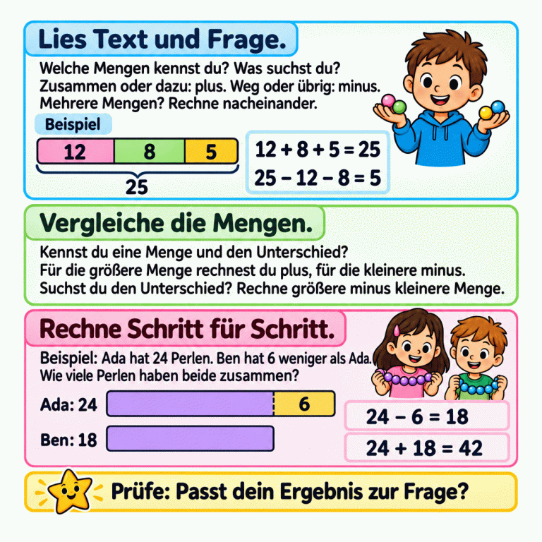 Eine Lernkarte erklärt: Lies Text und Frage. Zusammen oder dazu rechnest du plus, weg oder übrig minus. Ein Beispiel zeigt drei Teile: 12 + 8 + 5 = 25. Ziehst du 12 und 8 ab, bleiben 5. Bei Vergleichen kommt es darauf an, ob eine Menge oder der Unterschied gesucht ist. Den Unterschied findest du mit größere minus kleinere Menge. Im zweiten Beispiel hat Ada 24 Perlen und Ben 6 weniger. Zuerst rechnest du 24 − 6 = 18. Danach rechnest du beide Mengen zusammen: 24 + 18 = 42. Lies Text und Frage.: Welche Mengen kennst du? Was suchst du? Zusammen oder dazu: plus. Weg oder übrig: minus. Mehrere Mengen? Rechne nacheinander. Vergleiche die Mengen.: Kennst du eine Menge und den Unterschied? Für die größere Menge rechnest du plus, für die kleinere minus. Suchst du den Unterschied? Rechne größere minus kleinere Menge. Rechne Schritt für Schritt.: Beispiel: Ada hat 24 Perlen. Ben hat 6 weniger als Ada. Wie viele Perlen haben beide zusammen? Prüfe: Passt dein Ergebnis zur Frage? Beispiel 12 8 5 25 12 + 8 + 5 = 25 25 − 12 − 8 = 5 Ada: 24 Ben: 18 6 24 − 6 = 18 24 + 18 = 42