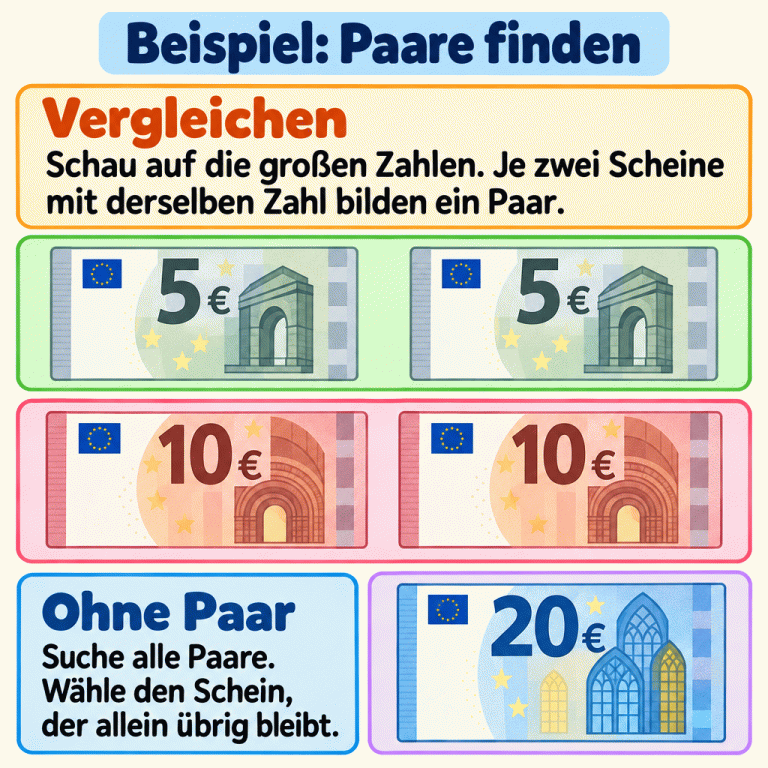 Beispiel mit fünf Euro-Scheinen: Zwei 5-Euro-Scheine bilden ein Paar, ebenso zwei 10-Euro-Scheine. Ein 20-Euro-Schein bleibt allein. Vergleiche die großen Zahlen, suche alle Paare und wähle den Schein ohne Gegenstück. Beispiel: Paare finden Vergleichen: Schau auf die großen Zahlen. Je zwei Scheine mit derselben Zahl bilden ein Paar. Ohne Paar: Suche alle Paare. Wähle den Schein, der allein übrig bleibt. 5 10 20 €