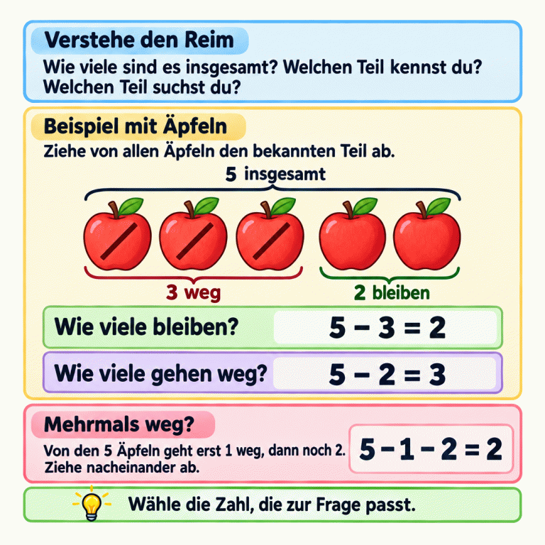 Die Karte erklärt Minusgeschichten bis 5. Zuerst wird gefragt: Wie viele sind es insgesamt, welcher Teil ist bekannt und welcher wird gesucht? Ein Beispiel zeigt fünf Äpfel: Drei gehen weg, zwei bleiben. Für die Frage nach dem Rest gilt 5 minus 3 gleich 2. Für die Frage nach der weggegangenen Menge gilt 5 minus 2 gleich 3. Geht von den fünf Äpfeln erst einer weg und dann noch zwei, rechnet man nacheinander: 5 minus 1 minus 2 gleich 2. Am Ende wird die Zahl gewählt, die zur Frage passt. Verstehe den Reim: Wie viele sind es insgesamt? Welchen Teil kennst du? Welchen Teil suchst du? Beispiel mit Äpfeln: Ziehe von allen Äpfeln den bekannten Teil ab. Mehrmals weg?: Von den 5 Äpfeln geht erst 1 weg, dann noch 2. Ziehe nacheinander ab. Wähle die Zahl, die zur Frage passt. 5 insgesamt 3 weg 2 bleiben Wie viele bleiben? 5 − 3 = 2 Wie viele gehen weg? 5 − 2 = 3 5 − 1 − 2 = 2