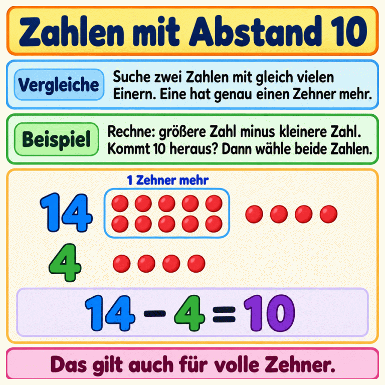 Zahlen mit Abstand 10 haben gleich viele Einer und genau einen Zehner Unterschied. Das Beispiel zeigt bei 14 ein Bündel aus zehn Punkten und vier einzelne Punkte, bei 4 nur vier einzelne Punkte. Die größere Menge hat einen Zehner mehr. Die Prüfung lautet: 14 minus 4 gleich 10. Die Regel gilt auch für volle Zehner. Zahlen mit Abstand 10 Vergleiche: Suche zwei Zahlen mit gleich vielen Einern. Eine hat genau einen Zehner mehr. Beispiel: Rechne: größere Zahl minus kleinere Zahl. Kommt 10 heraus? Dann wähle beide Zahlen. Das gilt auch für volle Zehner. 14 4 1 Zehner mehr 14 − 4 = 10