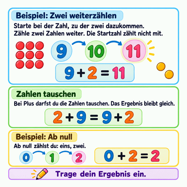 Plus zwei heißt: zwei Zahlen weiterzählen, ohne die Startzahl mitzuzählen. Das Beispiel zeigt neun, zehn, elf und die Rechnung neun plus zwei gleich elf. Bei Plus dürfen die Zahlen getauscht werden: zwei plus neun ist genauso viel wie neun plus zwei. Auch ab null funktioniert das Weiterzählen: eins, zwei. Null plus zwei ist zwei. Trage dein Ergebnis ein. Beispiel: Zwei weiterzählen: Starte bei der Zahl, zu der zwei dazukommen. Zähle zwei Zahlen weiter. Die Startzahl zählt nicht mit. Zahlen tauschen: Bei Plus darfst du die Zahlen tauschen. Das Ergebnis bleibt gleich. Beispiel: Ab null: Ab null zählst du: eins, zwei. Trage dein Ergebnis ein. 9 10 11 9 + 2 = 11 2 + 9 = 9 + 2 0 + 2 = 2 1 2
