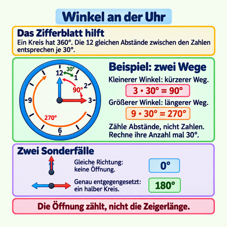 Winkel an der Uhr: Ein Vollkreis hat 360 Grad. Die zwölf gleichen Zifferblattabstände entsprechen jeweils 30 Grad. Im Beispiel zeigen die Zeiger zur 12 und zur 3. Der kürzere Weg umfasst drei Abstände: 3 mal 30 Grad sind 90 Grad. Der längere Weg umfasst neun Abstände: 9 mal 30 Grad sind 270 Grad. Gezählt werden die Abstände, nicht die Zahlen. Zwei weitere Zeigerdiagramme zeigen: gleiche Richtung bedeutet keine Öffnung und 0 Grad; entgegengesetzte Richtungen ergeben einen Halbkreis mit 180 Grad. Entscheidend ist die Öffnung, nicht die Zeigerlänge. Winkel an der Uhr Das Zifferblatt hilft: Ein Kreis hat 360°. Die 12 gleichen Abstände zwischen den Zahlen entsprechen je 30°. Beispiel: zwei Wege: Kleinerer Winkel: kürzerer Weg.
Größerer Winkel: längerer Weg.
Zähle Abstände, nicht Zahlen. Rechne ihre Anzahl mal 30°. Zwei Sonderfälle: Gleiche Richtung: keine Öffnung.
Genau entgegengesetzt: ein halber Kreis. Die Öffnung zählt, nicht die Zeigerlänge. 12 1 2 3 6 9 30° 3 · 30° = 90° 9 · 30° = 270° 0° 180° 90° 270°