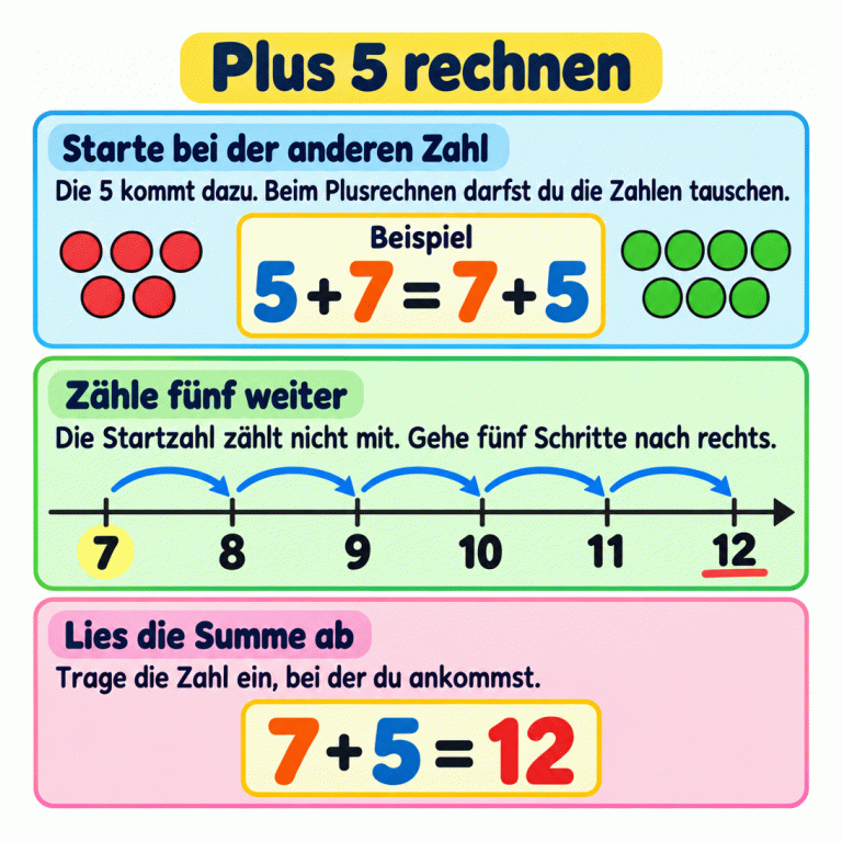 Rechenhilfe für plus 5. Im Beispiel wird 5 + 7 zu 7 + 5 getauscht. Auf einem Zahlenstrahl führen fünf Einerschritte von 7 über 8, 9, 10 und 11 zu 12. Die Startzahl zählt nicht mit. Die Ergebnisgleichung lautet 7 + 5 = 12. Plus 5 rechnen Starte bei der anderen Zahl: Die 5 kommt dazu. Beim Plusrechnen darfst du die Zahlen tauschen. Zähle fünf weiter: Die Startzahl zählt nicht mit. Gehe fünf Schritte nach rechts. Lies die Summe ab: Trage die Zahl ein, bei der du ankommst. Beispiel 5 + 7 = 7 + 5 7 8 9 10 11 12 7 + 5 = 12