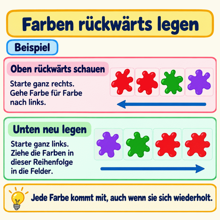 Beispiel zum Rückwärtslegen: Oben stehen von links nach rechts ein roter, ein roter, ein grüner und ein violetter Farbklecks. Diese Reihe wird von rechts nach links betrachtet. Unten liegen von links nach rechts violett, grün, rot und rot in den Feldern. Beide roten Kleckse werden mitgenommen. Farben rückwärts legen Oben rückwärts schauen: Starte ganz rechts. Gehe Farbe für Farbe nach links. Unten neu legen: Starte ganz links. Ziehe die Farben in dieser Reihenfolge in die Felder. Jede Farbe kommt mit, auch wenn sie sich wiederholt. Beispiel