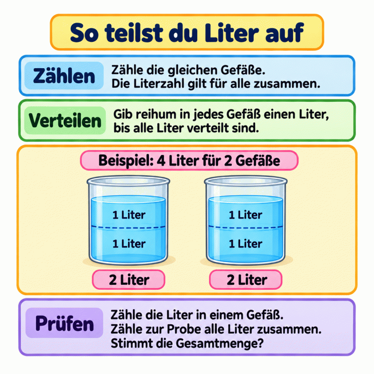 So teilst du Liter auf: Zähle die gleichen Gefäße und verteile die gesamte Literzahl gleichmäßig. Das Beispiel zeigt vier Liter für zwei Gefäße. In jedem Gefäß sind zwei Portionen mit jeweils einem Liter, also zwei Liter. Zusammen ergeben beide Gefäße wieder vier Liter. So teilst du Liter auf Zählen: Zähle die gleichen Gefäße. Die Literzahl gilt für alle zusammen. Verteilen: Gib reihum in jedes Gefäß einen Liter, bis alle Liter verteilt sind. Prüfen: Zähle die Liter in einem Gefäß. Zähle zur Probe alle Liter zusammen. Stimmt die Gesamtmenge? Beispiel: 4 Liter für 2 Gefäße 1 Liter 2 Liter