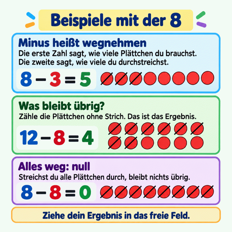 Minus bedeutet wegnehmen. Die erste Zahl gibt die Anzahl der Plättchen an, die zweite die Anzahl der Durchstreichungen. Drei Beispiele zeigen das: Bei 8 minus 3 bleiben fünf Plättchen übrig. Bei 12 minus 8 bleiben vier übrig. Bei 8 minus 8 sind alle Plättchen durchgestrichen; das Ergebnis ist null. Zähle die Plättchen ohne Strich und ziehe dein Ergebnis in das freie Feld. Beispiele mit der 8 Minus heißt wegnehmen: Die erste Zahl sagt, wie viele Plättchen du brauchst. Die zweite sagt, wie viele du durchstreichst. Was bleibt übrig?: Zähle die Plättchen ohne Strich. Das ist das Ergebnis. Alles weg: null: Streichst du alle Plättchen durch, bleibt nichts übrig. Ziehe dein Ergebnis in das freie Feld. 8 − 3 = 5 12 − 8 = 4 8 − 8 = 0