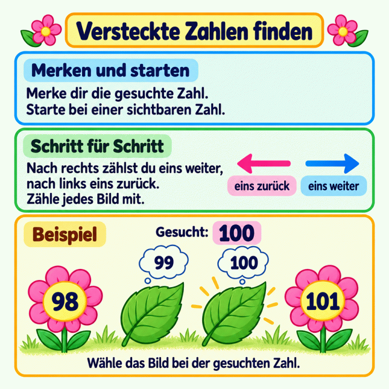 Versteckte Zahlen finden: Merke dir die gesuchte Zahl und starte bei einer sichtbaren Zahl. Nach rechts zählst du eins weiter, nach links eins zurück. Jedes verdeckende Bild zählt mit. Im Beispiel wird 100 gesucht. Die Reihe zeigt 98, zwei verdeckende Blätter und 101. Die Denkblasen bei den Blättern zeigen die mitgezählten Zahlen 99 und 100. Das Blatt bei 100 wird ausgewählt. Versteckte Zahlen finden Merken und starten: Merke dir die gesuchte Zahl. Starte bei einer sichtbaren Zahl. Schritt für Schritt: Nach rechts zählst du eins weiter, nach links eins zurück. Zähle jedes Bild mit. Beispiel: Wähle das Bild bei der gesuchten Zahl. Gesucht: 98 99 100 101 eins zurück eins weiter