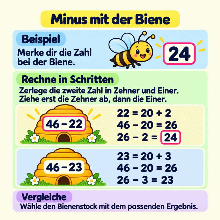 Ein Lehrbeispiel zeigt eine Biene mit der Zielzahl 24 und zwei Bienenstöcke. Beim ersten steht 46 minus 22. Die 22 wird in 20 und 2 zerlegt: 46 minus 20 ergibt 26, danach ergeben 26 minus 2 die Zahl 24. Beim zweiten steht 46 minus 23. Hier werden erst 20 und dann 3 abgezogen; das Ergebnis ist 23. Die Bienen-Zahl und das Ergebnis des ersten Stocks sind beide 24. Deshalb passt der Stock mit 46 minus 22. Minus mit der Biene Beispiel: Merke dir die Zahl bei der Biene. Rechne in Schritten: Zerlege die zweite Zahl in Zehner und Einer. Ziehe erst die Zehner ab, dann die Einer. Vergleiche: Wähle den Bienenstock mit dem passenden Ergebnis. 24 46 − 22 22 = 20 + 2 46 − 20 = 26 26 − 2 = 24 46 − 23 23 = 20 + 3 26 − 3 = 23