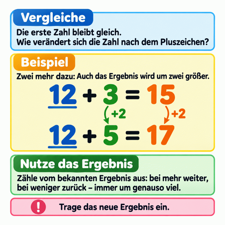 Ein Lehrbeispiel zeigt 12 + 3 = 15 und darunter 12 + 5 = 17. Die erste Zahl bleibt gleich. Die zweite Zahl wird um zwei größer, deshalb wird auch das Ergebnis um zwei größer. Zwei beschriftete Pfeile verdeutlichen diese gleiche Veränderung. Vergleiche: Die erste Zahl bleibt gleich. Wie verändert sich die Zahl nach dem Pluszeichen? Beispiel: Zwei mehr dazu: Auch das Ergebnis wird um zwei größer. Nutze das Ergebnis: Zähle vom bekannten Ergebnis aus: bei mehr weiter, bei weniger zurück – immer um genauso viel. Trage das neue Ergebnis ein. 12 + 3 = 15 12 + 5 = 17 +2 !