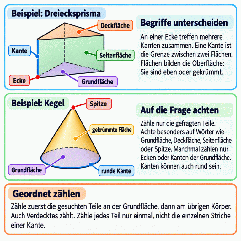 Eine Lernkarte zeigt ein beschriftetes Dreiecksprisma mit Ecke, Kante, Grundfläche, Deckfläche und Seitenfläche. Ein Kegel ergänzt Spitze, kreisförmige Grundfläche, runde Kante und gekrümmte Fläche. Gestrichelte Linien kennzeichnen verdeckte Kanten. Die Anleitung erklärt: Nur die gefragten Teile zählen, bei der Grundfläche beginnen, verdeckte Teile berücksichtigen und jeden Bestandteil nur einmal zählen. Begriffe unterscheiden: An einer Ecke treffen mehrere Kanten zusammen. Eine Kante ist die Grenze zwischen zwei Flächen. Flächen bilden die Oberfläche: Sie sind eben oder gekrümmt. Auf die Frage achten: Zähle nur die gefragten Teile. Achte besonders auf Wörter wie Grundfläche, Deckfläche, Seitenfläche oder Spitze. Manchmal zählen nur Ecken oder Kanten der Grundfläche. Kanten können auch rund sein. Geordnet zählen: Zähle zuerst die gesuchten Teile an der Grundfläche, dann am übrigen Körper. Auch Verdecktes zählt. Zähle jedes Teil nur einmal, nicht die einzelnen Striche einer Kante. Beispiel: Dreiecksprisma Ecke Kante Grundfläche Deckfläche Seitenfläche Beispiel: Kegel Spitze runde Kante gekrümmte Fläche