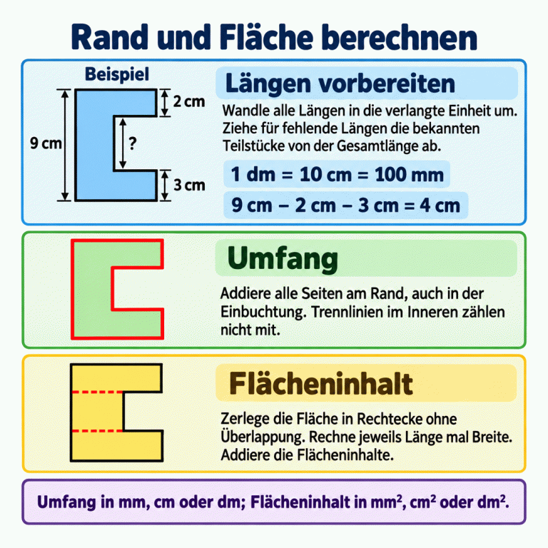 Drei Abschnitte erklären das Berechnen zusammengesetzter Figuren. Zuerst werden Einheiten vereinheitlicht und fehlende Längen ergänzt. Eine Beispiel-C-Figur hat eine Gesamthöhe von 9 cm und bekannte Teilhöhen von 2 cm und 3 cm. Die fehlende senkrechte Strecke ist daher 4 cm lang. Daneben steht: 1 dm = 10 cm = 100 mm. Die zweite Ansicht betont den vollständigen Rand einschließlich der Einbuchtung. Die dritte zerlegt eine C-Fläche mit zwei gestrichelten Hilfslinien in drei Rechtecke. Für jedes Rechteck wird Länge mal Breite gerechnet; anschließend werden die Flächeninhalte addiert. Innere Trennlinien zählen nicht zum Umfang. Der Umfang erhält eine Längeneinheit, der Flächeninhalt die passende Quadrateinheit. Rand und Fläche berechnen Längen vorbereiten: Wandle alle Längen in die verlangte Einheit um. Ziehe für fehlende Längen die bekannten Teilstücke von der Gesamtlänge ab. Umfang: Addiere alle Seiten am Rand, auch in der Einbuchtung. Trennlinien im Inneren zählen nicht mit. Flächeninhalt: Zerlege die Fläche in Rechtecke ohne Überlappung. Rechne jeweils Länge mal Breite. Addiere die Flächeninhalte. Umfang in mm, cm oder dm; Flächeninhalt in mm², cm² oder dm². Beispiel 9 cm 2 cm 3 cm ? 1 dm = 10 cm = 100 mm 9 cm − 2 cm − 3 cm = 4 cm