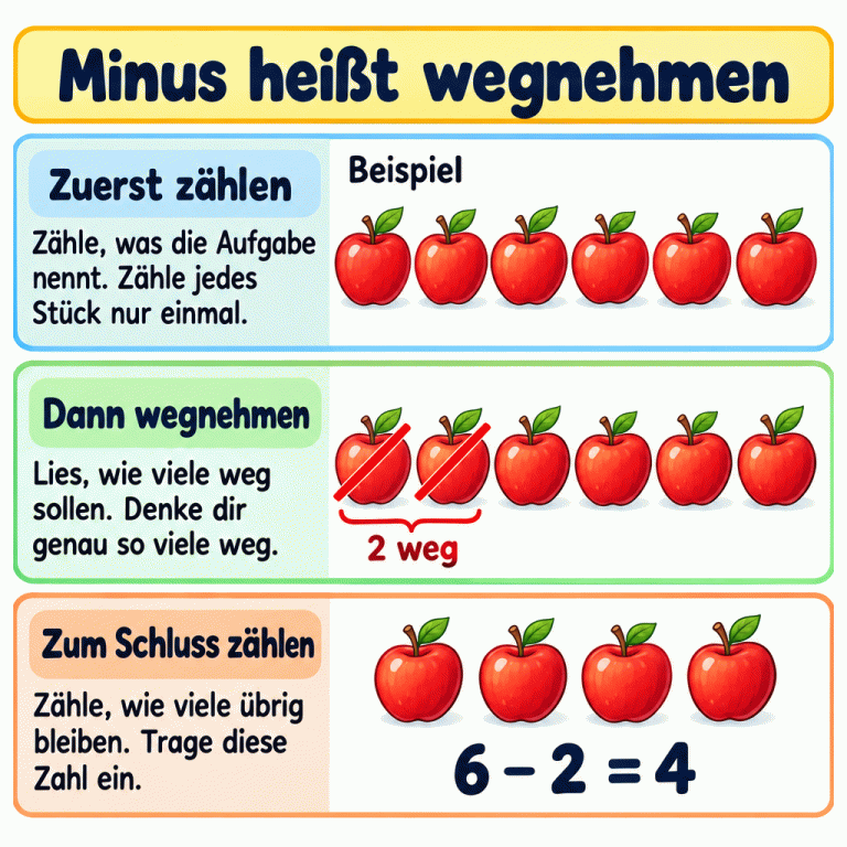 Ein Beispiel erklärt das Minusrechnen in drei Schritten. Zuerst sind sechs Äpfel zu sehen. Im nächsten Bild sind zwei davon durchgestrichen: Zwei werden weggenommen. Im letzten Bild bleiben vier Äpfel übrig. Dazu steht die Rechnung 6 − 2 = 4. Die Anleitung lautet: Zähle zuerst, was die Aufgabe nennt. Denke dir die angegebene Anzahl weg. Zähle dann, wie viele übrig bleiben, und trage diese Zahl ein. Minus heißt wegnehmen Zuerst zählen: Zähle, was die Aufgabe nennt. Zähle jedes Stück nur einmal. Dann wegnehmen: Lies, wie viele weg sollen. Denke dir genau so viele weg. Zum Schluss zählen: Zähle, wie viele übrig bleiben. Trage diese Zahl ein. Beispiel 2 weg 6 − 2 = 4
