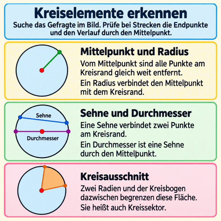 Drei Kreiszeichnungen erklären die Kreiselemente. Die erste zeigt den Mittelpunkt und einen Radius vom Mittelpunkt zum Kreisrand. Vom Mittelpunkt sind alle Punkte am Kreisrand gleich weit entfernt. Die zweite zeigt eine Sehne zwischen zwei Randpunkten und einen Durchmesser, der zusätzlich durch den Mittelpunkt geht. Die dritte zeigt eine markierte Fläche zwischen zwei Radien und dem Kreisbogen dazwischen: den Kreisausschnitt, auch Kreissektor genannt. Zum Erkennen werden die Endpunkte, der Verlauf durch den Mittelpunkt und die Begrenzung der Fläche geprüft. Kreiselemente erkennen Mittelpunkt und Radius: Vom Mittelpunkt sind alle Punkte am Kreisrand gleich weit entfernt. Ein Radius verbindet den Mittelpunkt mit dem Kreisrand. Sehne und Durchmesser: Eine Sehne verbindet zwei Punkte am Kreisrand. Ein Durchmesser ist eine Sehne durch den Mittelpunkt. Kreisausschnitt: Zwei Radien und der Kreisbogen dazwischen begrenzen diese Fläche. Sie heißt auch Kreissektor. Suche das Gefragte im Bild. Prüfe bei Strecken die Endpunkte und den Verlauf durch den Mittelpunkt. Sehne Durchmesser