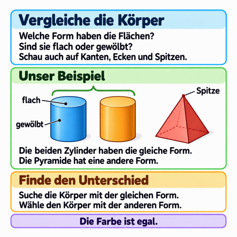 Eine Lernkarte erklärt, wie du Körperformen vergleichst: Achte auf die Form der Flächen, auf flache und gewölbte Flächen sowie auf Kanten, Ecken und Spitzen. Im Beispiel haben zwei Zylinder die gleiche Form. Eine Pyramide hat eine andere Form. An einem Zylinder sind eine flache und eine gewölbte Fläche beschriftet, an der Pyramide die Spitze. Suche in jeder Aufgabe die Körper mit gleicher Form und wähle den anders geformten Körper. Die Farbe ist egal. Vergleiche die Körper: Welche Form haben die Flächen? Sind sie flach oder gewölbt? Schau auch auf Kanten, Ecken und Spitzen. Unser Beispiel: Die beiden Zylinder haben die gleiche Form. Die Pyramide hat eine andere Form. Finde den Unterschied: Suche die Körper mit der gleichen Form. Wähle den Körper mit der anderen Form. Die Farbe ist egal. flach gewölbt Spitze