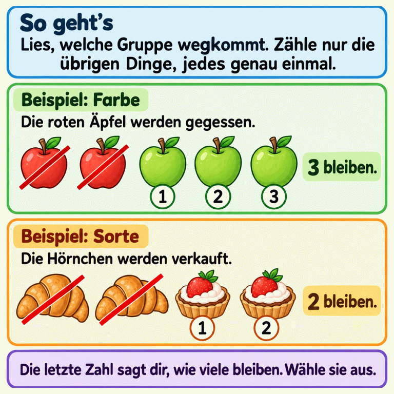 Zwei Beispiele erklären das Zählen nach dem Entfernen einer Gruppe. Zwei rote Äpfel sind durchgestrichen. Die drei grünen Äpfel werden mit 1, 2 und 3 gezählt: Drei bleiben. Im zweiten Beispiel sind zwei Hörnchen durchgestrichen. Die zwei Törtchen werden mit 1 und 2 gezählt: Zwei bleiben. Gezählt werden nur die übrigen Dinge, jedes genau einmal. So geht’s: Lies, welche Gruppe wegkommt. Zähle nur die übrigen Dinge, jedes genau einmal. Beispiel: Farbe: Die roten Äpfel werden gegessen. Beispiel: Sorte: Die Hörnchen werden verkauft. Die letzte Zahl sagt dir, wie viele bleiben. Wähle sie aus. 1 2 3 3 bleiben. 2 bleiben.