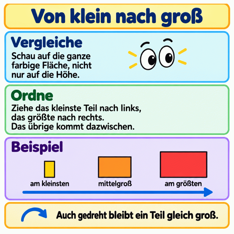 Eine Lernkarte zeigt, wie du drei Figurenteile von klein nach groß ordnest. Vergleiche die ganze farbige Fläche, nicht nur die Höhe. Im Beispiel steht das kleinste Rechteck links, das mittelgroße dazwischen und das größte rechts. Auch gedreht bleibt ein Teil gleich groß. Von klein nach groß Vergleiche: Schau auf die ganze farbige Fläche, nicht nur auf die Höhe. Ordne: Ziehe das kleinste Teil nach links, das größte nach rechts. Das übrige kommt dazwischen. Auch gedreht bleibt ein Teil gleich groß. Beispiel am kleinsten mittelgroß am größten