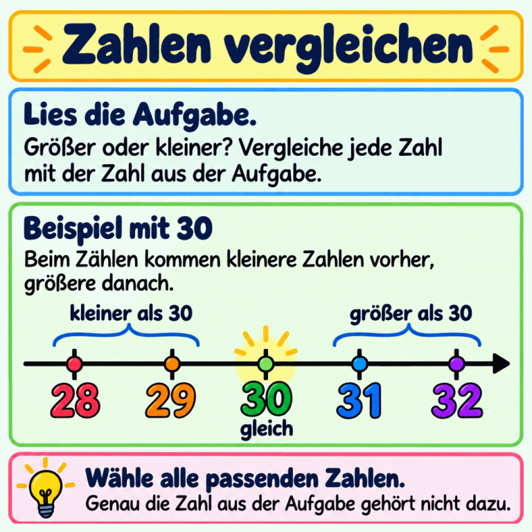 Zahlen vergleichen: Prüfe jede Zahl mit der Zahl aus der Aufgabe. Ein Beispiel zeigt die Zählfolge 28, 29, 30, 31, 32. 28 und 29 sind kleiner als 30, 31 und 32 sind größer als 30. 30 ist gleich und gehört zu keiner der beiden Auswahlen. Wähle je nach Aufgabe alle größeren oder alle kleineren Zahlen. Zahlen vergleichen Lies die Aufgabe.: Größer oder kleiner? Vergleiche jede Zahl mit der Zahl aus der Aufgabe. Beispiel mit 30: Beim Zählen kommen kleinere Zahlen vorher, größere danach. Wähle alle passenden Zahlen. Genau die Zahl aus der Aufgabe gehört nicht dazu. 28 29 30 31 32 kleiner als 30 größer als 30 gleich