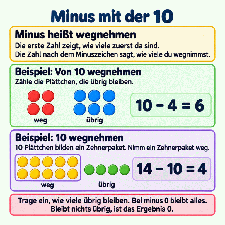Minus bedeutet Wegnehmen. Zwei Beispiele zeigen die Ausgangsmenge, aufgeteilt in weggenommene und verbleibende Plättchen: Bei 10 − 4 = 6 sind vier Plättchen weg und sechs übrig. Bei 14 − 10 = 4 ist ein Zehnerpaket weg und vier Plättchen bleiben übrig. Die verbleibende Anzahl kommt ins Ergebnisfeld. Bei minus 0 bleibt alles; bleibt nichts übrig, ist das Ergebnis 0. Minus mit der 10 Minus heißt wegnehmen: Die erste Zahl zeigt, wie viele zuerst da sind. Die Zahl nach dem Minuszeichen sagt, wie viele du wegnimmst. Beispiel: Von 10 wegnehmen: Zähle die Plättchen, die übrig bleiben. Beispiel: 10 wegnehmen: 10 Plättchen bilden ein Zehnerpaket. Nimm ein Zehnerpaket weg. Trage ein, wie viele übrig bleiben. Bei minus 0 bleibt alles. Bleibt nichts übrig, ist das Ergebnis 0. 10 − 4 = 6 14 − 10 = 4 weg übrig