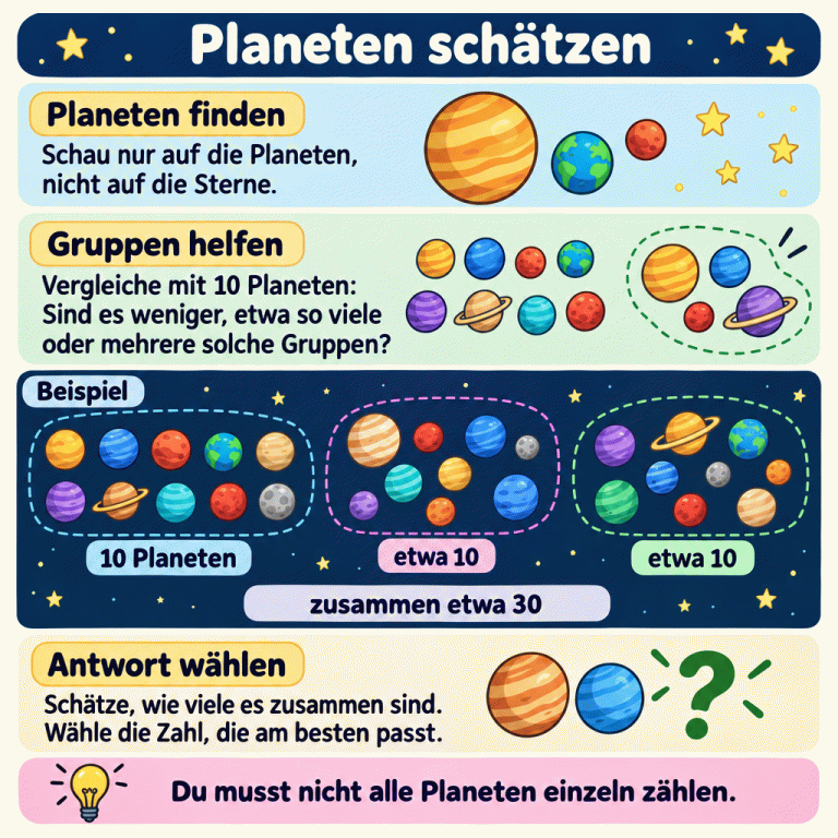 Eine Anleitung zum Schätzen von Planetenmengen: Nur Planeten betrachten und mit einer Gruppe von zehn vergleichen. Das Lehrbeispiel zeigt eine Gruppe mit zehn und zwei weitere Gruppen mit jeweils ungefähr zehn Planeten. Zusammen sind es etwa dreißig. Anschließend wird die am besten passende Antwort gewählt, ohne alle Planeten einzeln zu zählen. Planeten schätzen Planeten finden: Schau nur auf die Planeten, nicht auf die Sterne. Gruppen helfen: Vergleiche mit 10 Planeten: Sind es weniger, etwa so viele oder mehrere solche Gruppen? Antwort wählen: Schätze, wie viele es zusammen sind. Wähle die Zahl, die am besten passt. Du musst nicht alle Planeten einzeln zählen. Beispiel 10 Planeten etwa 10 zusammen etwa 30 ?