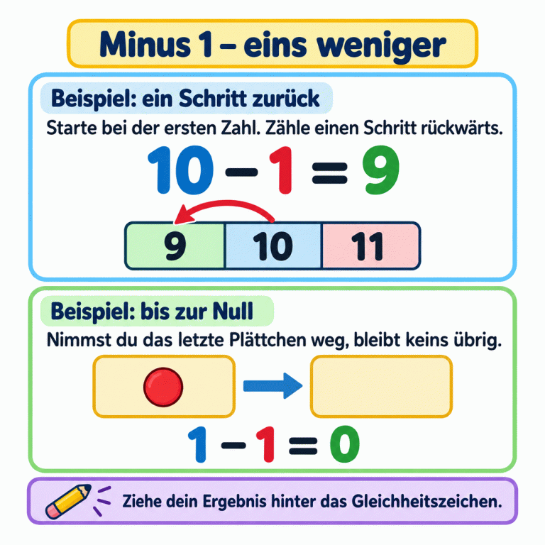 Minus 1 bedeutet eins weniger. Starte bei der ersten Zahl und zähle einen Schritt rückwärts. Das Beispiel 10 minus 1 gleich 9 zeigt einen Zahlenstreifen mit 9, 10 und 11. Ein Pfeil führt von 10 zurück zu 9. Im zweiten Beispiel führt ein Pfeil von einem Feld mit einem Plättchen zu einem leeren Feld: 1 minus 1 gleich 0. Ziehe dein Ergebnis hinter das Gleichheitszeichen. Minus 1 – eins weniger Beispiel: ein Schritt zurück: Starte bei der ersten Zahl. Zähle einen Schritt rückwärts. Beispiel: bis zur Null: Nimmst du das letzte Plättchen weg, bleibt keins übrig. Ziehe dein Ergebnis hinter das Gleichheitszeichen. 10 − 1 = 9 9 10 11 1 − 1 = 0