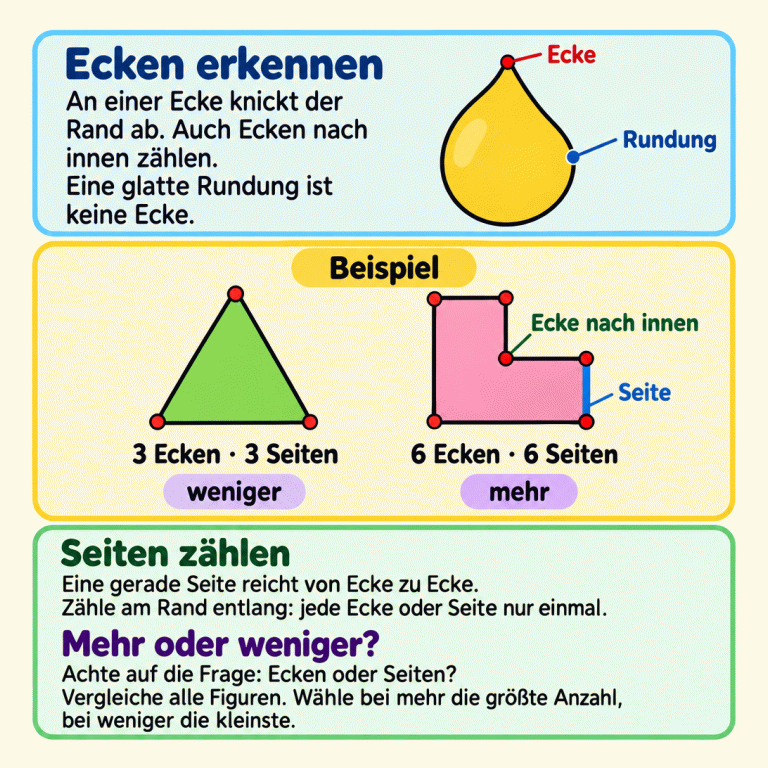 Lernkarte zum Vergleichen von Ecken und Seiten. Ein kleines Begriffsbild zeigt den Unterschied zwischen einer geknickten Ecke und einer glatten Rundung. Im gekennzeichneten Beispiel hat ein Dreieck drei Ecken und drei Seiten. Eine L-förmige Figur hat sechs Ecken und sechs Seiten; auch ihre Ecke nach innen zählt mit. Das Dreieck hat hier weniger, die L-förmige Figur mehr. Die Anleitung erklärt: am Rand entlangzählen, jede gesuchte Ecke oder Seite nur einmal zählen und je nach Frage die größte oder kleinste Anzahl wählen. Ecken erkennen: An einer Ecke knickt der Rand ab. Auch Ecken nach innen zählen. Eine glatte Rundung ist keine Ecke. Seiten zählen: Eine gerade Seite reicht von Ecke zu Ecke. Zähle am Rand entlang: jede Ecke oder Seite nur einmal. Mehr oder weniger?: Achte auf die Frage: Ecken oder Seiten? Vergleiche alle Figuren. Wähle bei mehr die größte Anzahl, bei weniger die kleinste. Ecke Rundung Beispiel 3 Ecken · 3 Seiten 6 Ecken · 6 Seiten Ecke nach innen Seite weniger mehr
