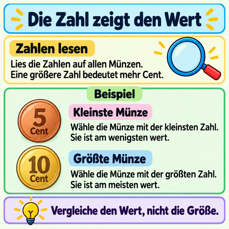 Die Zahl zeigt den Wert: Lies und vergleiche die Zahlen auf allen Cent-Münzen. Im Beispiel ist die 5-Cent-Münze weniger wert als die 10-Cent-Münze. Für die kleinste Münze wählst du die kleinste Zahl, für die größte Münze die größte Zahl. Entscheidend ist der Wert, nicht die sichtbare Größe. Die Zahl zeigt den Wert Zahlen lesen: Lies die Zahlen auf allen Münzen. Eine größere Zahl bedeutet mehr Cent. Kleinste Münze: Wähle die Münze mit der kleinsten Zahl. Sie ist am wenigsten wert. Größte Münze: Wähle die Münze mit der größten Zahl. Sie ist am meisten wert. Vergleiche den Wert, nicht die Größe. Beispiel 5 10 Cent