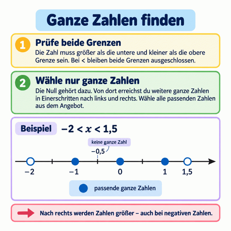 Prüfe beide Grenzen und wähle nur ganze Zahlen. Im Lehrbeispiel −2 < x < 1,5 zeigen offene Kreise die ausgeschlossenen Grenzen. Die ganzen Zahlen −1, 0 und 1 dazwischen sind mit gefüllten Punkten markiert. −0,5 liegt ebenfalls zwischen den Grenzen, ist aber keine ganze Zahl. Ganze Zahlen liegen von der Null aus in Einerschritten nach links und rechts. Nach rechts werden Zahlen größer, auch im negativen Bereich. Ganze Zahlen finden Prüfe beide Grenzen: Die Zahl muss größer als die untere und kleiner als die obere Grenze sein. Bei < bleiben beide Grenzen ausgeschlossen. Wähle nur ganze Zahlen: Die Null gehört dazu. Von dort erreichst du weitere ganze Zahlen in Einerschritten nach links und rechts. Wähle alle passenden Zahlen aus dem Angebot. Nach rechts werden Zahlen größer – auch bei negativen Zahlen. Beispiel −2 < x < 1,5 −2 −1 1 1,5 −0,5 keine ganze Zahl passende ganze Zahlen 1 2
