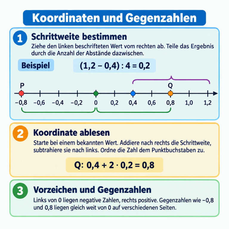 Anleitung zum Bestimmen der Schrittweite, Ablesen von Koordinaten und Erkennen von Gegenzahlen. Im Lehrbeispiel liegen zwischen 0,4 und 1,2 vier gleiche Abstände. Ein Schritt entspricht deshalb 0,2. Punkt Q liegt zwei Schritte rechts von 0,4 bei 0,8. Punkt P liegt bei −0,8. P und Q sind jeweils vier Schritte von 0 entfernt und liegen auf verschiedenen Seiten. Koordinaten und Gegenzahlen Schrittweite bestimmen: Ziehe den linken beschrifteten Wert vom rechten ab. Teile das Ergebnis durch die Anzahl der Abstände dazwischen. Koordinate ablesen: Starte bei einem bekannten Wert. Addiere nach rechts die Schrittweite, subtrahiere sie nach links. Ordne die Zahl dem Punktbuchstaben zu. Vorzeichen und Gegenzahlen: Links von 0 liegen negative Zahlen, rechts positive. Gegenzahlen wie −0,8 und 0,8 liegen gleich weit von 0 auf verschiedenen Seiten. Beispiel (1,2 − 0,4) : 4 = 0,2 P Q −0,8 0,4 0,8 1,2 Q: 0,4 + 2 · 0,2 = 0,8 1 −0,6 −0,4 −0,2 0,2 0,6 1,0 2 3