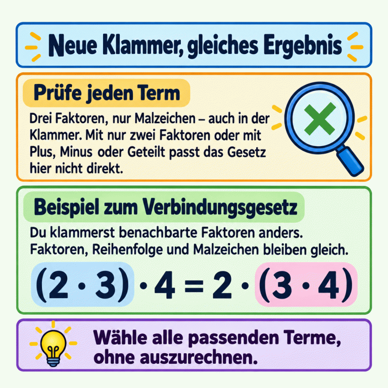 Neue Klammer, gleiches Ergebnis: Prüfe, ob drei Faktoren ausschließlich durch Malzeichen verbunden sind, auch in der Klammer. Das Beispiel (2 · 3) · 4 = 2 · (3 · 4) zeigt: Nur die Zusammenfassung ändert sich; Faktoren, Reihenfolge, Malzeichen und Ergebnis bleiben gleich. Bei nur zwei Faktoren oder anderen Rechenarten passt das Gesetz hier nicht direkt. Wähle alle passenden Terme, ohne auszurechnen. Neue Klammer, gleiches Ergebnis Prüfe jeden Term: Drei Faktoren, nur Malzeichen – auch in der Klammer. Mit nur zwei Faktoren oder mit Plus, Minus oder Geteilt passt das Gesetz hier nicht direkt. Beispiel zum Verbindungsgesetz: Du klammerst benachbarte Faktoren anders. Faktoren, Reihenfolge und Malzeichen bleiben gleich. Wähle alle passenden Terme, ohne auszurechnen. (2 · 3) · 4 = 2 · (3 · 4) ×