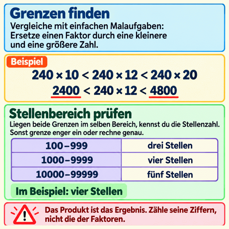 Die Stellenzahl eines Produkts lässt sich mit sicheren Grenzen bestimmen. Im Beispiel liegt 240 mal 12 zwischen 240 mal 10 und 240 mal 20, also zwischen 2400 und 4800. Beide Grenzen sind vierstellig, deshalb hat auch das Beispielprodukt vier Stellen. Die Tabelle zeigt: 100 bis 999 haben drei Stellen, 1000 bis 9999 vier und 10000 bis 99999 fünf. Liegen die Grenzen nicht im selben Stellenbereich, musst du enger eingrenzen oder genau rechnen. Gezählt werden die Ziffern des Ergebnisses, nicht die der Faktoren. Grenzen finden: Vergleiche mit einfachen Malaufgaben: Ersetze einen Faktor durch eine kleinere und eine größere Zahl. Stellenbereich prüfen: Liegen beide Grenzen im selben Bereich, kennst du die Stellenzahl. Sonst grenze enger ein oder rechne genau. Das Produkt ist das Ergebnis. Zähle seine Ziffern, nicht die der Faktoren. Beispiel 240 × 10 < 240 × 12 < 240 × 20 2400 < 240 × 12 < 4800 100–999 drei Stellen 1000–9999 vier Stellen 10000–99999 fünf Stellen Im Beispiel: vier Stellen !