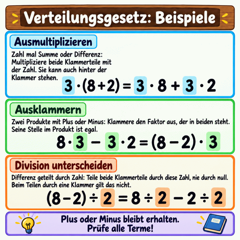 Drei Beispiele zum Verteilungsgesetz: 3 · (8 + 2) wird zu 3 · 8 + 3 · 2. Bei 8 · 3 − 3 · 2 wird der gemeinsame Faktor ausgeklammert: (8 − 2) · 3. Er darf in den Produkten an unterschiedlichen Stellen stehen. Außerdem gilt (8 − 2) ÷ 2 = 8 ÷ 2 − 2 ÷ 2. Beim Teilen durch eine Klammer gilt dieses Verteilen nicht. Plus oder Minus bleibt beim Umformen erhalten. Alle Terme sollen einzeln geprüft werden. Verteilungsgesetz: Beispiele Ausmultiplizieren: Zahl mal Summe oder Differenz: Multipliziere beide Klammerteile mit der Zahl. Sie kann auch hinter der Klammer stehen. Ausklammern: Zwei Produkte mit Plus oder Minus: Klammere den Faktor aus, der in beiden steht. Seine Stelle im Produkt ist egal. Division unterscheiden: Differenz geteilt durch Zahl: Teile beide Klammerteile durch diese Zahl, nie durch null. Beim Teilen durch eine Klammer gilt das nicht. Plus oder Minus bleibt erhalten. Prüfe alle Terme! 3 · (8 + 2) = 3 · 8 + 3 · 2 8 · 3 − 3 · 2 = (8 − 2) · 3 (8 − 2) ÷ 2 = 8 ÷ 2 − 2 ÷ 2