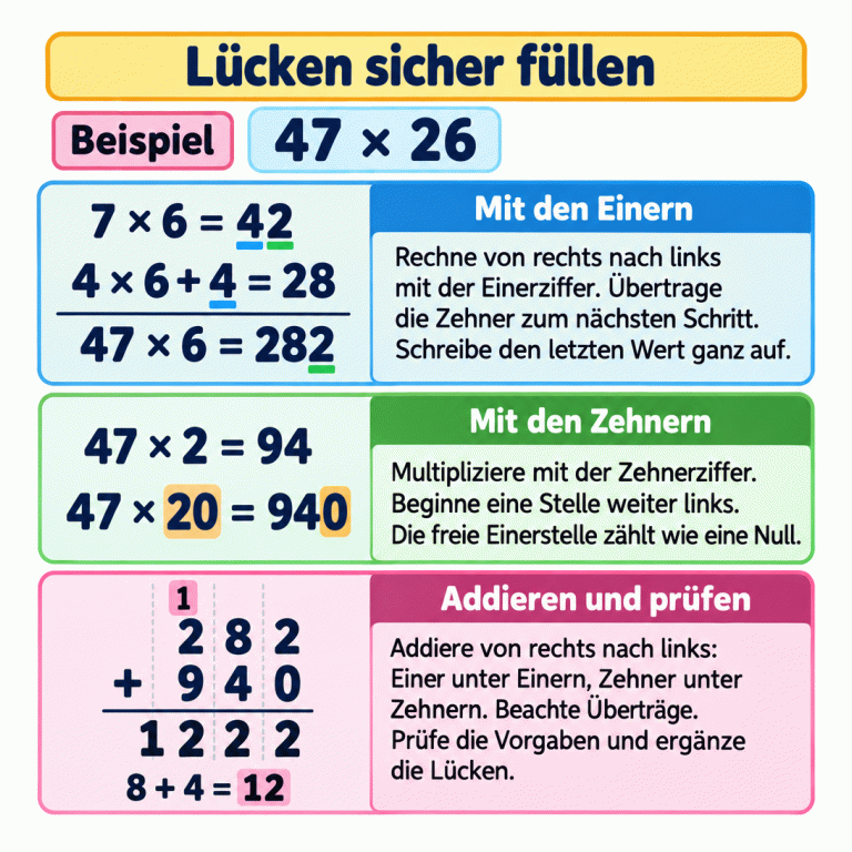 Ein Lehrbeispiel zeigt, wie du Lücken bei der schriftlichen Multiplikation findest. Bei 47 mal 26 rechnest du zuerst mit der Einerziffer: 7 mal 6 ergibt 42. Die 2 bleibt an der Einerstelle, die 4 wird übertragen. 4 mal 6 plus 4 ergibt 28, also lautet das erste Teilprodukt 282. Danach rechnest du mit den Zehnern: 47 mal 2 ergibt 94, aber 47 mal 20 ergibt 940. Die Zehnerzeile beginnt deshalb eine Stelle weiter links. Anschließend addierst du 282 und 940 stellengerecht. In der Zehnerspalte ergibt 8 plus 4 die Zahl 12: 2 schreiben und 1 zur Hunderterspalte übertragen. Das Ergebnis lautet 1222. Vergleiche deinen Rechenweg mit den vorgegebenen Ziffern und ergänze die Lücken. Lücken sicher füllen Mit den Einern: Rechne von rechts nach links mit der Einerziffer. Übertrage die Zehner zum nächsten Schritt. Schreibe den letzten Wert ganz auf. Mit den Zehnern: Multipliziere mit der Zehnerziffer. Beginne eine Stelle weiter links. Die freie Einerstelle zählt wie eine Null. Addieren und prüfen: Addiere von rechts nach links: Einer unter Einern, Zehner unter Zehnern. Beachte Überträge. Prüfe die Vorgaben und ergänze die Lücken. Beispiel 47 × 26 7 × 6 = 42 4 × 6 + 4 = 28 47 × 6 = 282 47 × 2 = 94 47 × 20 = 940 282 + 940 1222 1 8 + 4 = 12