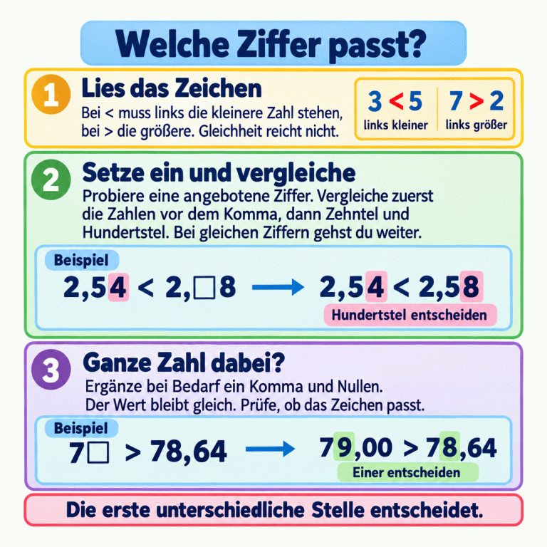 So ergänzt du eine Ziffer in einer Ungleichung: Lies zuerst das Vergleichszeichen. Setze eine angebotene Ziffer ein und vergleiche die Zahlen vor dem Komma, danach Zehntel und Hundertstel. Im Lehrbeispiel 2,54 < 2,□8 passt die 5: Bei 2,54 < 2,58 entscheiden die Hundertstel. Im Lehrbeispiel 7□ > 78,64 passt die 9. Die ganze Zahl lässt sich als 79,00 schreiben; gegenüber 78,64 entscheiden bereits die Einer. Die erste unterschiedliche Stelle entscheidet. Gleichheit reicht bei diesen Zeichen nicht. Welche Ziffer passt? Lies das Zeichen: Bei < muss links die kleinere Zahl stehen, bei > die größere. Gleichheit reicht nicht. Setze ein und vergleiche: Probiere eine angebotene Ziffer. Vergleiche zuerst die Zahlen vor dem Komma, dann Zehntel und Hundertstel. Bei gleichen Ziffern gehst du weiter. Ganze Zahl dabei?: Ergänze bei Bedarf ein Komma und Nullen. Der Wert bleibt gleich. Prüfe, ob das Zeichen passt. Die erste unterschiedliche Stelle entscheidet. Beispiel 2,54 < 2,□8 2,54 < 2,58 Hundertstel entscheiden 7□ > 78,64 79,00 > 78,64 Einer entscheiden 1 3 < 5 links kleiner 7 > 2 links größer 2 3