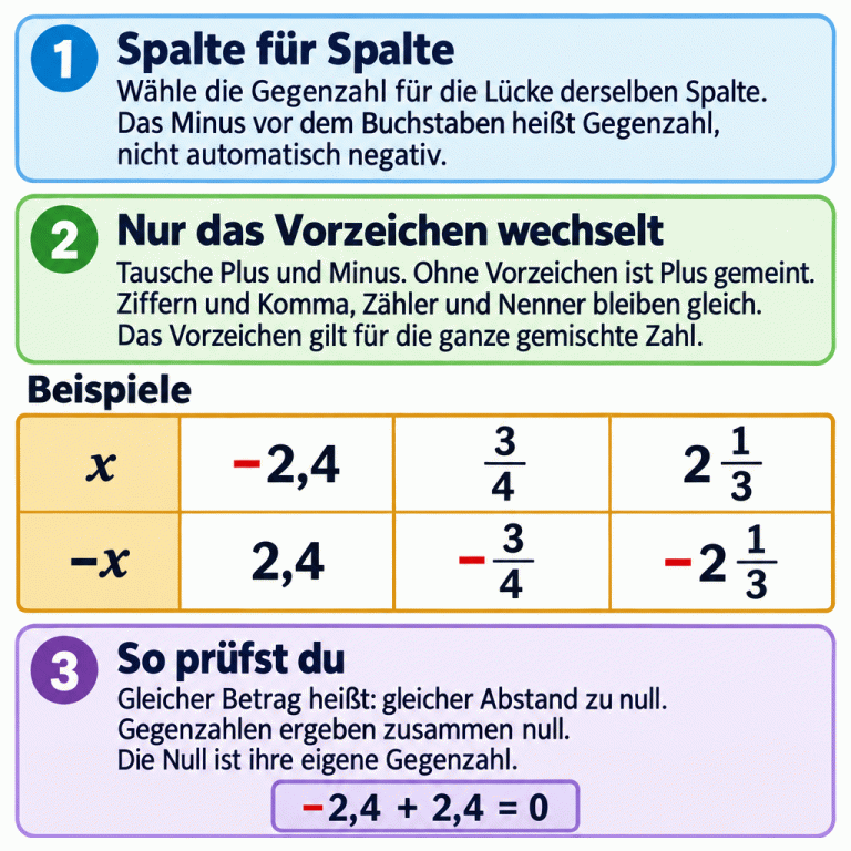 Eine Anleitung erklärt das Ergänzen von Gegenzahlen in derselben Tabellenspalte. Nur das Vorzeichen wechselt. Eine Beispieltabelle zeigt unter x und −x die Paare minus 2,4 und 2,4, drei Viertel und minus drei Viertel sowie zwei ein Drittel und minus zwei ein Drittel. Das Minus vor dem Buchstaben bedeutet nicht automatisch eine negative Zahl. Gegenzahlen haben denselben Abstand zu null und ergeben zusammen null. Die Kontrollrechnung lautet minus 2,4 plus 2,4 gleich null. Die Null ist ihre eigene Gegenzahl. Spalte für Spalte: Wähle die Gegenzahl für die Lücke derselben Spalte. Das Minus vor dem Buchstaben heißt Gegenzahl, nicht automatisch negativ. Nur das Vorzeichen wechselt: Tausche Plus und Minus. Ohne Vorzeichen ist Plus gemeint. Ziffern und Komma, Zähler und Nenner bleiben gleich. Das Vorzeichen gilt für die ganze gemischte Zahl. So prüfst du: Gleicher Betrag heißt: gleicher Abstand zu null. Gegenzahlen ergeben zusammen null. Die Null ist ihre eigene Gegenzahl. Beispiele x −x −2,4 2,4 3/4 −3/4 2 1/3 −2 1/3 −2,4 + 2,4 = 0 1 2 3