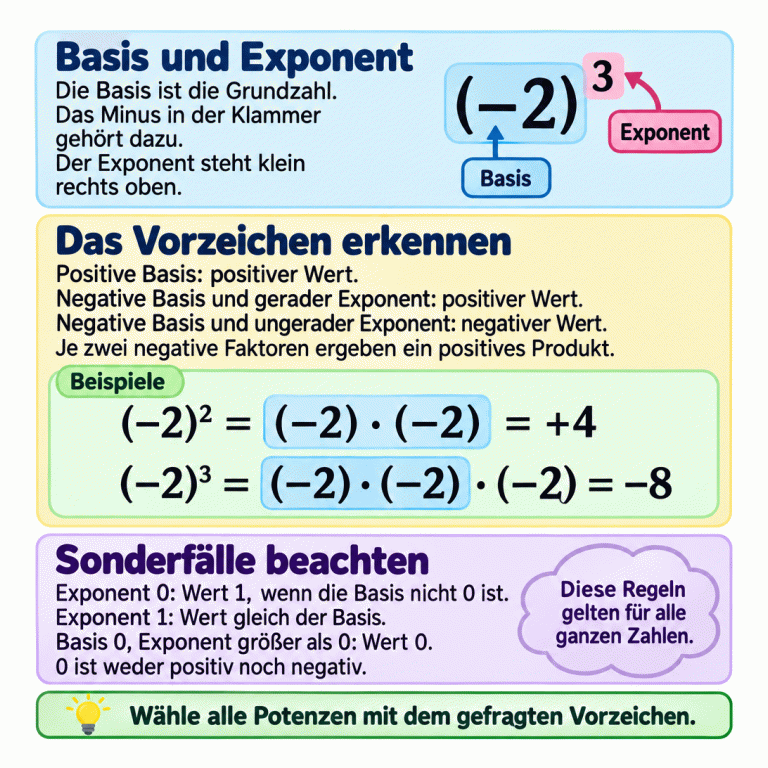 Lernkarte zum Vorzeichen von Potenzen. Bei positiver Basis ist der Wert positiv. Bei negativer Basis entscheidet der Exponent: gerade ergibt positiv, ungerade ergibt negativ. Zwei Beispiele zeigen minus zwei hoch zwei als zwei negative Faktoren mit Ergebnis plus vier und minus zwei hoch drei als drei negative Faktoren mit Ergebnis minus acht. Jeweils zwei Faktoren sind als Paar hervorgehoben; beim ungeraden Beispiel bleibt einer übrig. Exponent 0 ergibt bei einer Basis ungleich 0 den Wert 1. Exponent 1 lässt die Basis unverändert. Basis 0 ergibt bei positivem Exponenten 0; dieser Wert ist weder positiv noch negativ. Ausgewählt werden alle Potenzen mit dem gefragten Vorzeichen. Basis und Exponent: Die Basis ist die Grundzahl. Das Minus in der Klammer gehört dazu. Der Exponent steht klein rechts oben. Das Vorzeichen erkennen: Positive Basis: positiver Wert.
Negative Basis und gerader Exponent: positiver Wert.
Negative Basis und ungerader Exponent: negativer Wert.
Je zwei negative Faktoren ergeben ein positives Produkt. Sonderfälle beachten: Exponent 0: Wert 1, wenn die Basis nicht 0 ist.
Exponent 1: Wert gleich der Basis.
Basis 0, Exponent größer als 0: Wert 0.
0 ist weder positiv noch negativ. Wähle alle Potenzen mit dem gefragten Vorzeichen. Beispiele (−2)² = (−2) · (−2) = +4 (−2)³ = (−2) · (−2) · (−2) = −8 (−2)³ Exponent Basis Diese Regeln gelten für alle ganzen Zahlen.