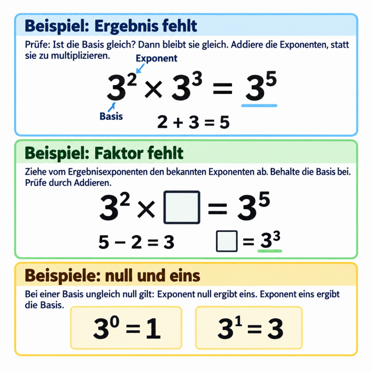 Drei Lernabschnitte erklären das Multiplizieren von Potenzen mit gleicher Basis. Im ersten Beispiel gilt: drei hoch zwei mal drei hoch drei ist drei hoch fünf, denn zwei plus drei ist fünf. Basis und Exponent sind an der ersten Potenz beschriftet. Im zweiten Beispiel fehlt ein Faktor: drei hoch zwei mal Lücke ist drei hoch fünf. Fünf minus zwei ist drei, also gehört drei hoch drei in die Lücke. Bei einem fehlenden ersten Faktor gilt dieselbe Methode. Zum Schluss zeigen zwei Beispiele: drei hoch null ist eins, drei hoch eins ist drei. Die Regel für den Exponenten null gilt bei einer Basis ungleich null. Beispiel: Ergebnis fehlt: Prüfe: Ist die Basis gleich? Dann bleibt sie gleich. Addiere die Exponenten, statt sie zu multiplizieren. Beispiel: Faktor fehlt: Ziehe vom Ergebnisexponenten den bekannten Exponenten ab. Behalte die Basis bei. Prüfe durch Addieren. Beispiele: null und eins: Bei einer Basis ungleich null gilt: Exponent null ergibt eins. Exponent eins ergibt die Basis. 3² × 3³ = 3⁵ Basis Exponent 2 + 3 = 5 3² × □ = 3⁵ 5 − 2 = 3 □ = 3³ 3⁰ = 1 3¹ = 3