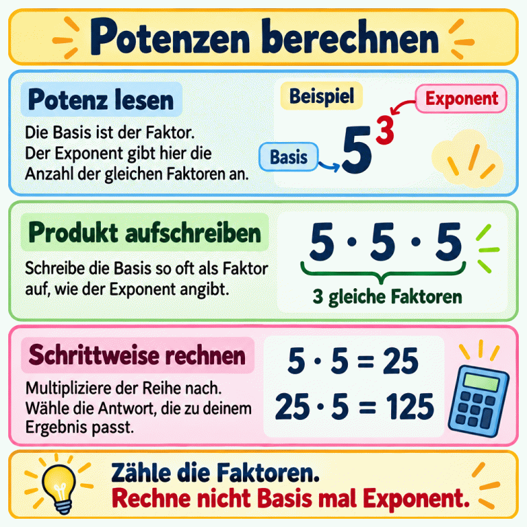 Eine Lernkarte erklärt Potenzen am Beispiel fünf hoch drei. Die Basis fünf ist der wiederkehrende Faktor, der Exponent drei gibt die Anzahl der gleichen Faktoren an. Das Produkt lautet fünf mal fünf mal fünf. Zuerst ergibt fünf mal fünf fünfundzwanzig, danach fünfundzwanzig mal fünf hundertfünfundzwanzig. Anschließend wird das Ergebnis mit den Antworten verglichen. Der Merksatz erinnert daran, die Faktoren zu zählen und nicht Basis mal Exponent zu rechnen. Potenzen berechnen Potenz lesen: Die Basis ist der Faktor. Der Exponent gibt hier die Anzahl der gleichen Faktoren an. Produkt aufschreiben: Schreibe die Basis so oft als Faktor auf, wie der Exponent angibt. Schrittweise rechnen: Multipliziere der Reihe nach. Wähle die Antwort, die zu deinem Ergebnis passt. Zähle die Faktoren. Rechne nicht Basis mal Exponent. Beispiel 5³ Basis Exponent 5 · 5 · 5 3 gleiche Faktoren 5 · 5 = 25 25 · 5 = 125