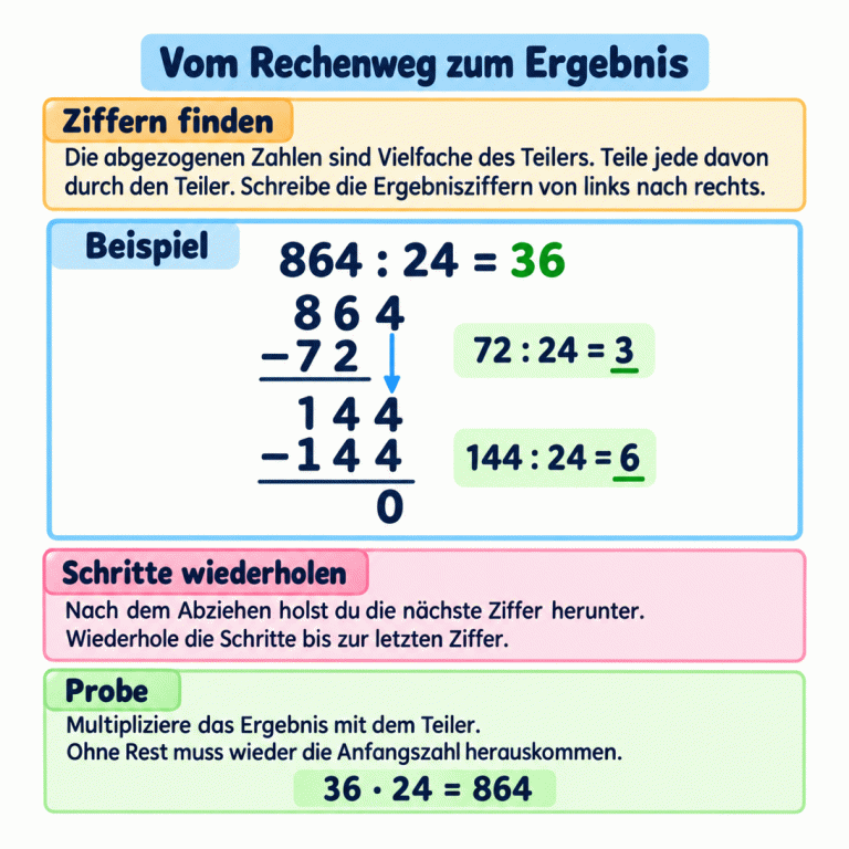 Lehrbeispiel zur schriftlichen Division: 864 geteilt durch 24 ergibt 36. Zuerst werden von 86 die 72 abgezogen. 72 geteilt durch 24 liefert die erste Ergebnisziffer 3. Der Rest ist 14. Mit der heruntergeholten letzten Ziffer 4 entsteht 144. Davon werden 144 abgezogen. 144 geteilt durch 24 liefert die nächste Ergebnisziffer 6. Der Endrest ist null. Die Probe bestätigt: 36 mal 24 ergibt 864. Vom Rechenweg zum Ergebnis Ziffern finden: Die abgezogenen Zahlen sind Vielfache des Teilers. Teile jede davon durch den Teiler. Schreibe die Ergebnisziffern von links nach rechts. Schritte wiederholen: Nach dem Abziehen holst du die nächste Ziffer herunter. Wiederhole die Schritte bis zur letzten Ziffer. Probe: Multipliziere das Ergebnis mit dem Teiler. Ohne Rest muss wieder die Anfangszahl herauskommen. Beispiel 864 : 24 = 36 −72 144 −144 72 : 24 = 3 144 : 24 = 6 36 · 24 = 864 864